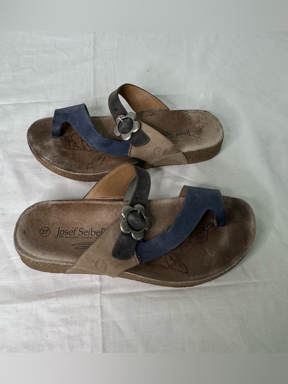Josef Seibel Blue and Brown Floral-Buckle Slide Sandals Size 6